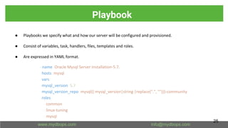 Playbook
● Playbooks we specify what and how our server will be configured and provisioned.
● Consist of variables, task, handlers, files, templates and roles.
● Are expressed in YAML format.
- name: Oracle Mysql Server Installation-5.7.
hosts: mysql
vars:
mysql_version: 5.7
mysql_version_repo: mysql{{ mysql_version|string |replace(".", "")}}-community
roles:
- common
- linux-tuning
- mysql
25
 
