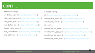 CONT...
# Memory settings.
key_buffer_size = {{ mysql_key_buffer_size }}
table_open_cache = {{ mysql_table_open_cache }}
sort_buffer_size = {{ mysql_sort_buffer_size }}
read_buffer_size = {{ mysql_read_buffer_size }}
thread_cache_size = {{ mysql_thread_cache_size }}
max_connections = {{ mysql_max_connections }}
tmp_table_size = {{ mysql_tmp_table_size }}
# InnoDB settings.
{% if mysql_supports_innodb_large_prefix %}
innodb_large_prefix = {{ mysql_innodb_large_prefix }}
innodb_file_format = {{ mysql_innodb_file_format }}
{% endif %}
innodb_file_per_table = {{ mysql_innodb_file_per_table }}
innodb_buffer_pool_size = {{ mysql_innodb_buffer_pool_size }}
innodb_log_file_size = {{ mysql_innodb_log_file_size }}
innodb_log_buffer_size = {{ mysql_innodb_log_buffer_size }}
29
 