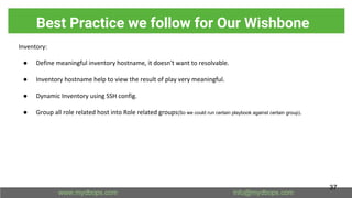 Best Practice we follow for Our Wishbone
Inventory:
● Define meaningful inventory hostname, it doesn't want to resolvable.
● Inventory hostname help to view the result of play very meaningful.
● Dynamic Inventory using SSH config.
● Group all role related host into Role related groups(So we could run certain playbook against certain group).
37
 