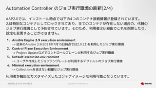 Copyright © 2021 Red Hat, Inc.
Automation Controller のジョブ実行環境の刷新(2/4)
AAP2.0では、インストール時点で以下の4つのコンテナ接続情報が登録されています。
2.は特別なコンテナとしてロックされており、全てのコンテナが存在しない場合の、代替の
ジョブ実行環境として予約されています。そのため、利用者はUI経由でこれを削除したり、
設定を変更することができません。
1. Ansible Engine 2.9 execution environment
-> 従来のAnsible 2.9(2021年7月15日時点では2.9.23)を利用したジョブ実行環境
2. Control Plane Execution Environment
-> Project Updateなどでコントロールプレーンが利用するジョブ実行環境
3. Default execution environment
-> ユーザが作成したジョブテンプレートが利用するデフォルトのジョブ実行環境
4. Minimal execution environment
-> Collectionsを含まない軽量なジョブ実行環境
利用者が独自にカスタマイズしたコンテナイメージも利用可能となっています。
 