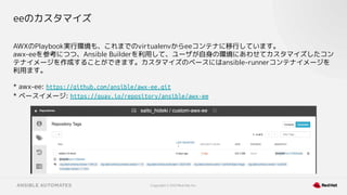 Copyright © 2021 Red Hat, Inc.
eeのカスタマイズ
AWXのPlaybook実行環境も、これまでのvirtualenvからeeコンテナに移行しています。
awx-eeを参考につつ、Ansible Builderを利用して、ユーザが自身の環境にあわせてカスタマイズしたコン
テナイメージを作成することができます。カスタマイズのベースにはansible-runnerコンテナイメージを
利用ます。
* awx-ee: https://github.com/ansible/awx-ee.git
* ベースイメージ: https://quay.io/repository/ansible/awx-ee
 