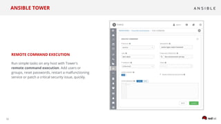 32
REMOTE COMMAND EXECUTION
Run simple tasks on any host with Tower's
remote command execution. Add users or
groups, reset passwords, restart a malfunctioning
service or patch a critical security issue, quickly.
ANSIBLE TOWER
 