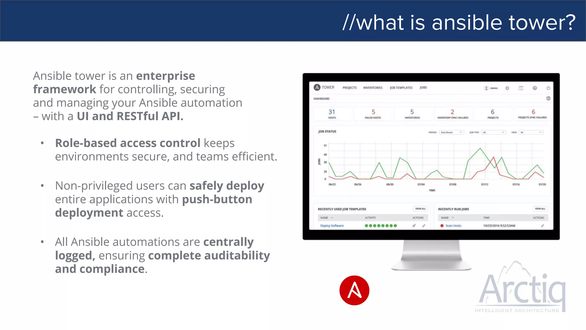 //what is ansible tower?
Ansible tower is an enterprise
framework for controlling, securing
and managing your Ansible automation
– with a UI and RESTful API.
• Role-based access control keeps
environments secure, and teams efficient.
• Non-privileged users can safely deploy
entire applications with push-button
deployment access.
• All Ansible automations are centrally
logged, ensuring complete auditability
and compliance.
 
