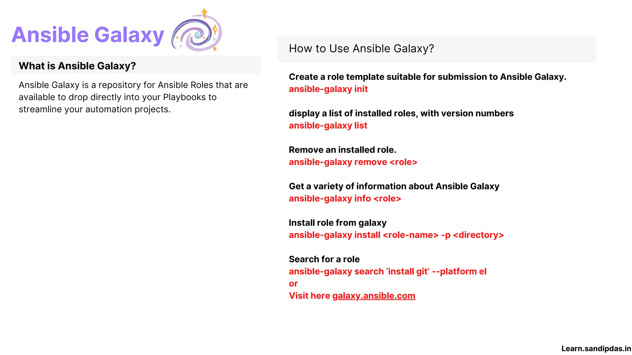 How to Use Ansible Galaxy?
Create a role template suitable for submission to Ansible Galaxy.
ansible-galaxy init
display a list of installed roles, with version numbers
ansible-galaxy list
Remove an installed role.
ansible-galaxy remove <role>
Get a variety of information about Ansible Galaxy
ansible-galaxy info <role>
Install role from galaxy
ansible-galaxy install <role-name> -p <directory>
Search for a role
ansible-galaxy search ‘install git’ --platform el
or
Visit here galaxy.ansible.com
What is Ansible Galaxy?
Ansible Galaxy is a repository for Ansible Roles that are
available to drop directly into your Playbooks to
streamline your automation projects.
Ansible Galaxy
Learn.sandipdas.in
 