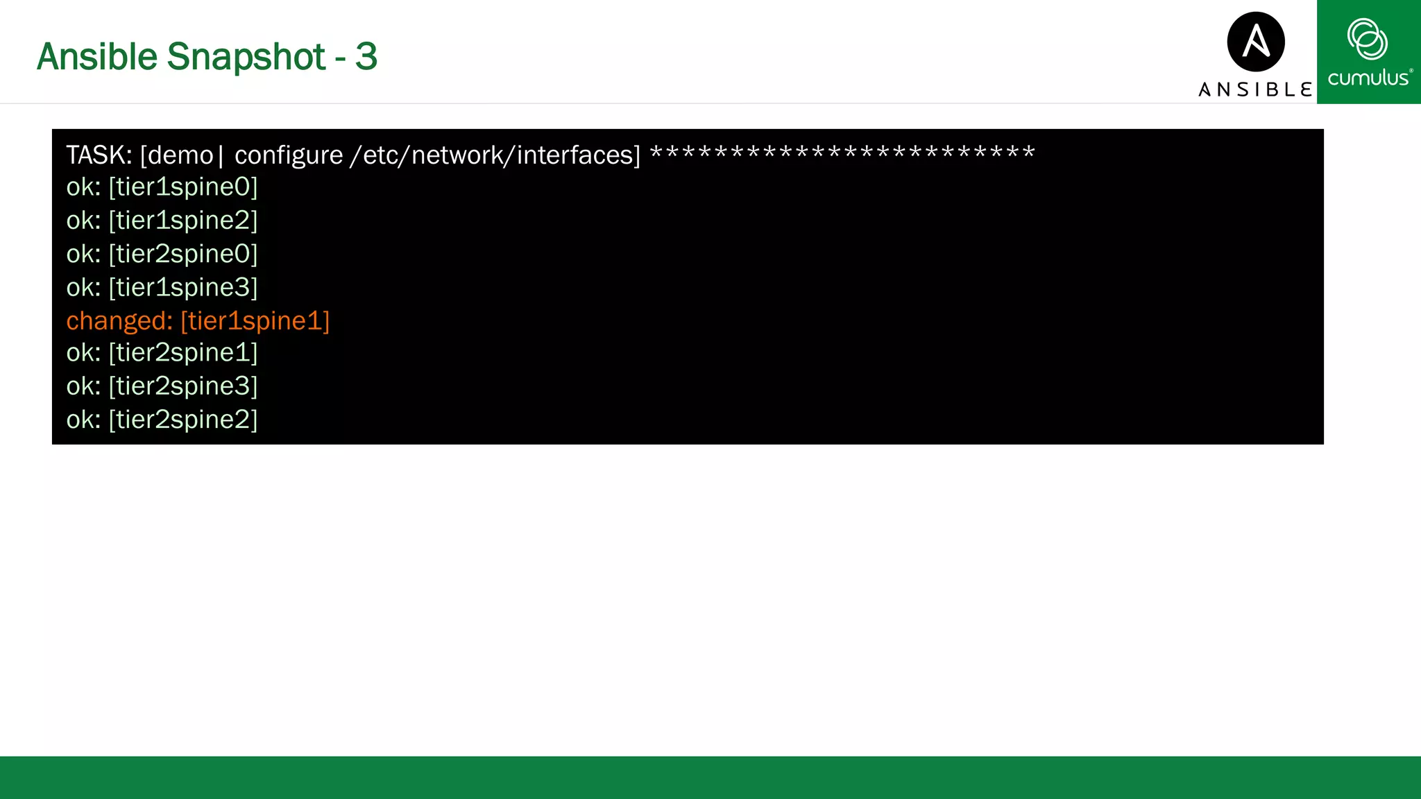 Ansible Snapshot - 3 
TASK: [demo| configure /etc/network/interfaces] ************************ 
ok: [tier1spine0] 
ok: [tier1spine2] 
ok: [tier2spine0] 
ok: [tier1spine3] 
changed: [tier1spine1] 
ok: [tier2spine1] 
ok: [tier2spine3] 
ok: [tier2spine2] 
 