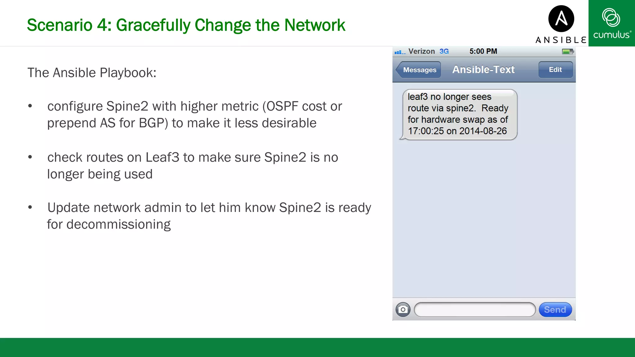 Scenario 4: Gracefully Change the Network 
The Ansible Playbook: 
• configure Spine2 with higher metric (OSPF cost or 
prepend AS for BGP) to make it less desirable 
• check routes on Leaf3 to make sure Spine2 is no 
longer being used 
• Update network admin to let him know Spine2 is ready 
for decommissioning 
 