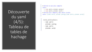 Découverte
du yaml
(4/5):
Tableau de
tables de
hachage
 