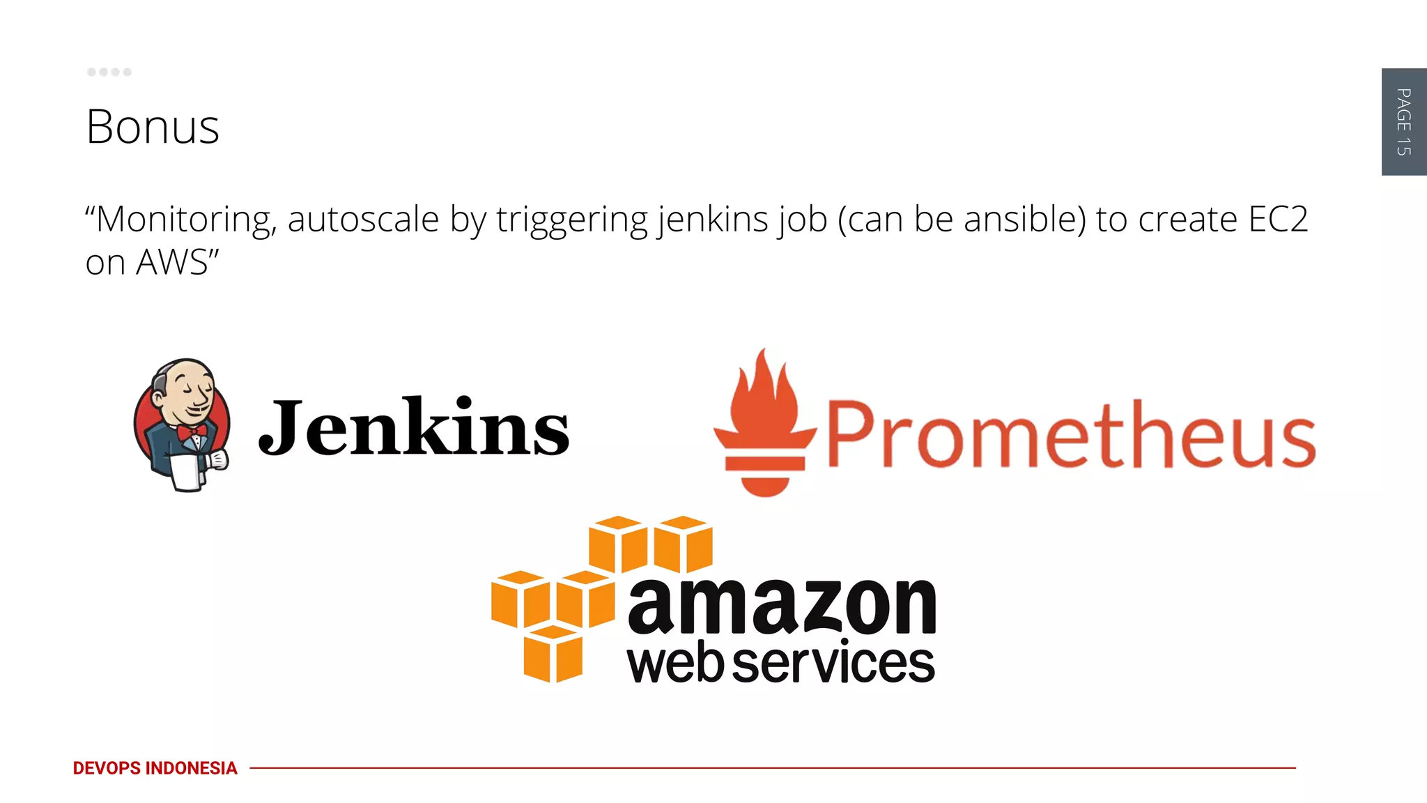 PAGE15
DEVOPS INDONESIA
Bonus
“Monitoring, autoscale by triggering jenkins job (can be ansible) to create EC2
on AWS”
 