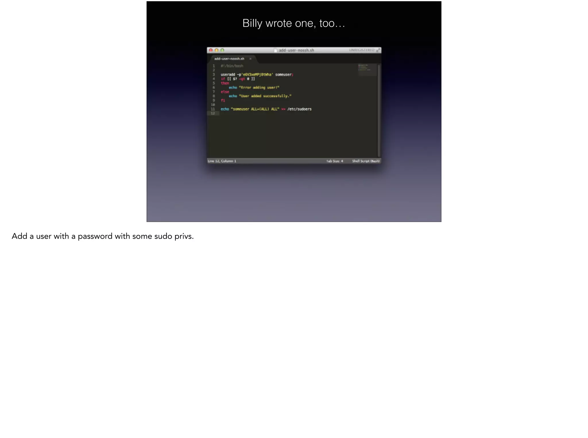 Billy wrote one, too…
Add a user with a password with some sudo privs.
 
