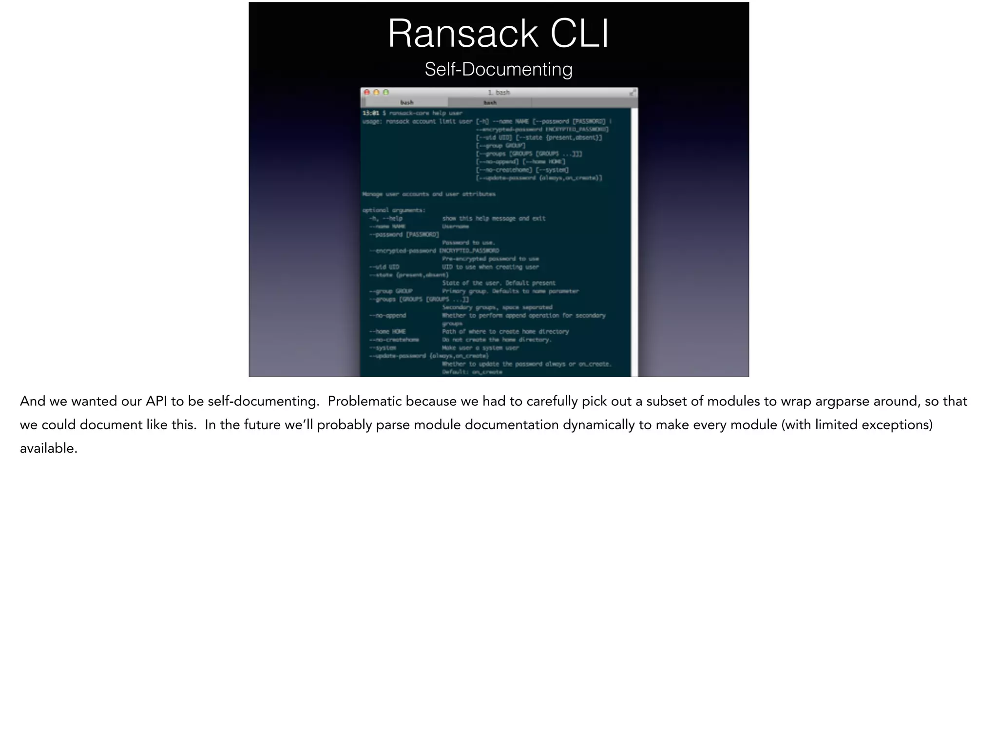 Ransack CLI
Self-Documenting
And we wanted our API to be self-documenting. Problematic because we had to carefully pick out a subset of modules to wrap argparse around, so that
we could document like this. In the future we’ll probably parse module documentation dynamically to make every module (with limited exceptions)
available.
 