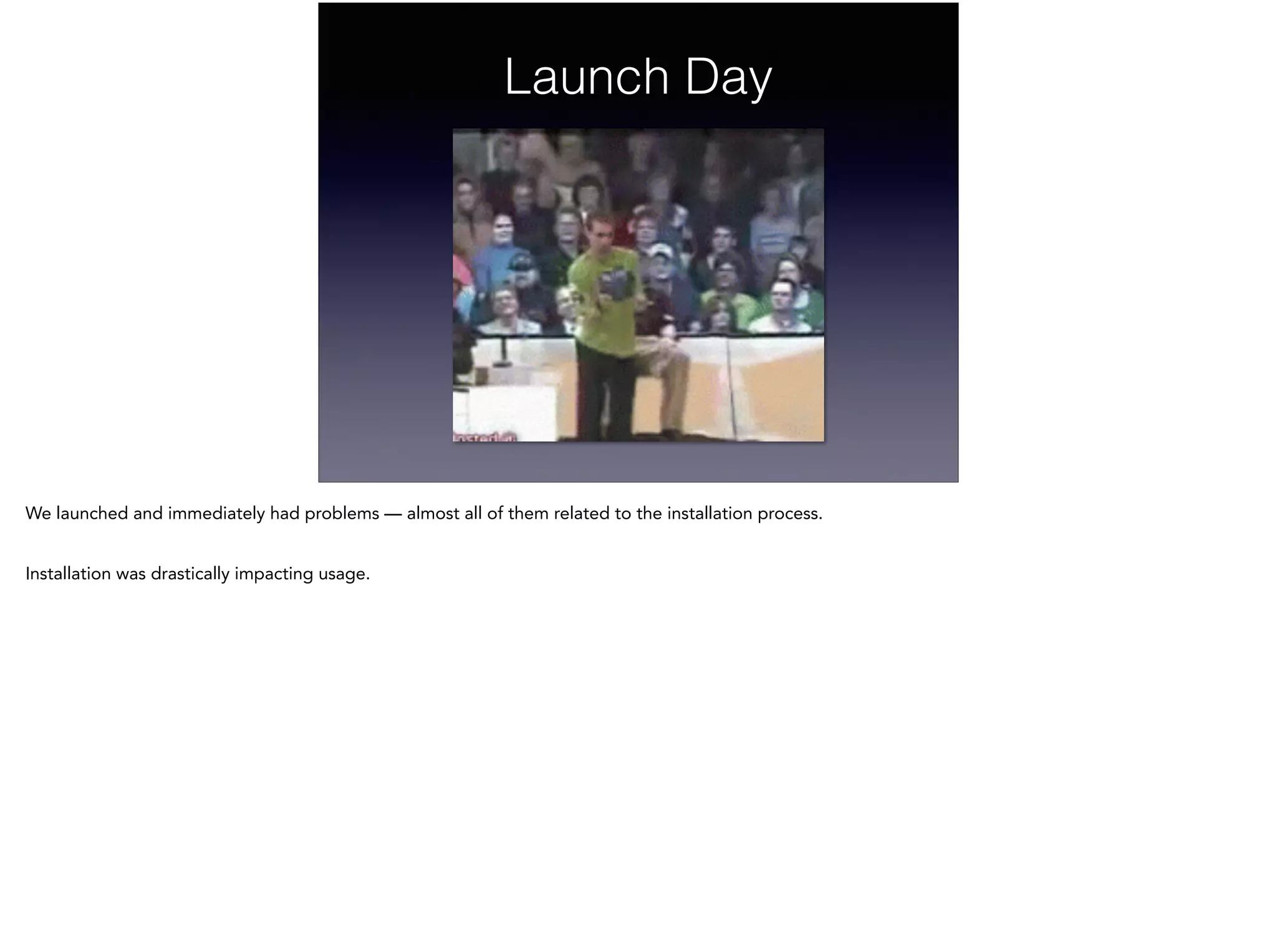 Launch Day
We launched and immediately had problems — almost all of them related to the installation process.
!
Installation was drastically impacting usage.
 