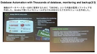複数のデータベースを一元的に管理するために「DBONE」という内製の監視ソフトウェアを
作成した。Ansibleで使いたいモジュールがなければ自分たちでそのモジュールを作成した。
Database Automation with Thousands of database, monitoring and backup(3/3)
 