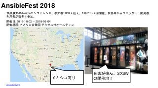 AnsibleFest 2018
世界最大のAnsibleカンファレンス。参加者1000人超え。1年に1〜2回開催。世界中からコミッター、開発者、
利用者が数多く参加。
開催日: 2018-10-02 ~ 2018-10-04
開催場所: アメリカ合衆国 テキサス州オースティン
メキシコ寄り
音楽が盛ん。SXSW
の開催地！
AnsibleFest 2018
 