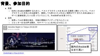 背景、参加目的
● 背景
○ 社内にAnsibleを展開するために、ベストプラクティスをまとめる業務に携わっていた。ベスト
プラクティスをまとめる過程で、検索しても答えにたどれない質問がでてきたためAnsibleユー
ザーに直接相談したいと思っていたところ、AnsibleFestを見つけた。
● 目的
○ 世界レベルの事例を聴き、今後の開発のアイディアをもらうこと
○ コミッターの生の声を聞き、モチベーションを向上させること
国内のAnsible熱
はまだ高い
Ansible Night in Tokyo 2018.09
 