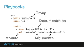 Playbooks
---
- hosts: webservers
sudo: yes
tasks:
- name: Ensure PHP is installed.
apt: name=php5-common state=installed
Group
Module
Documentation
Arguments
 