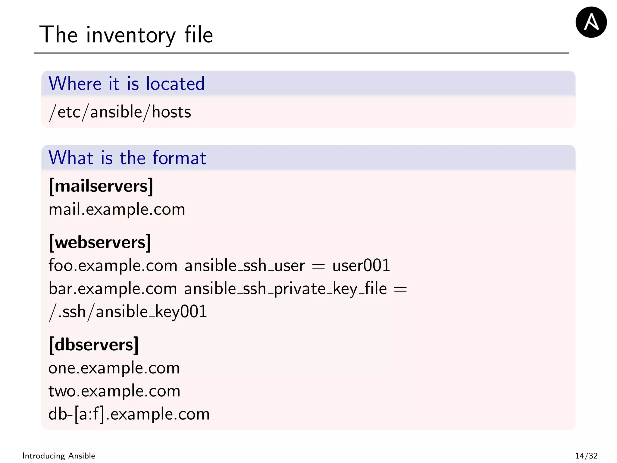 The inventory ﬁle
Where it is located
/etc/ansible/hosts
What is the format
[mailservers]
mail.example.com
[webservers]
foo.example.com ansible ssh user = user001
bar.example.com ansible ssh private key ﬁle =
/.ssh/ansible key001
[dbservers]
one.example.com
two.example.com
db-[a:f].example.com
Introducing Ansible 14/32
 