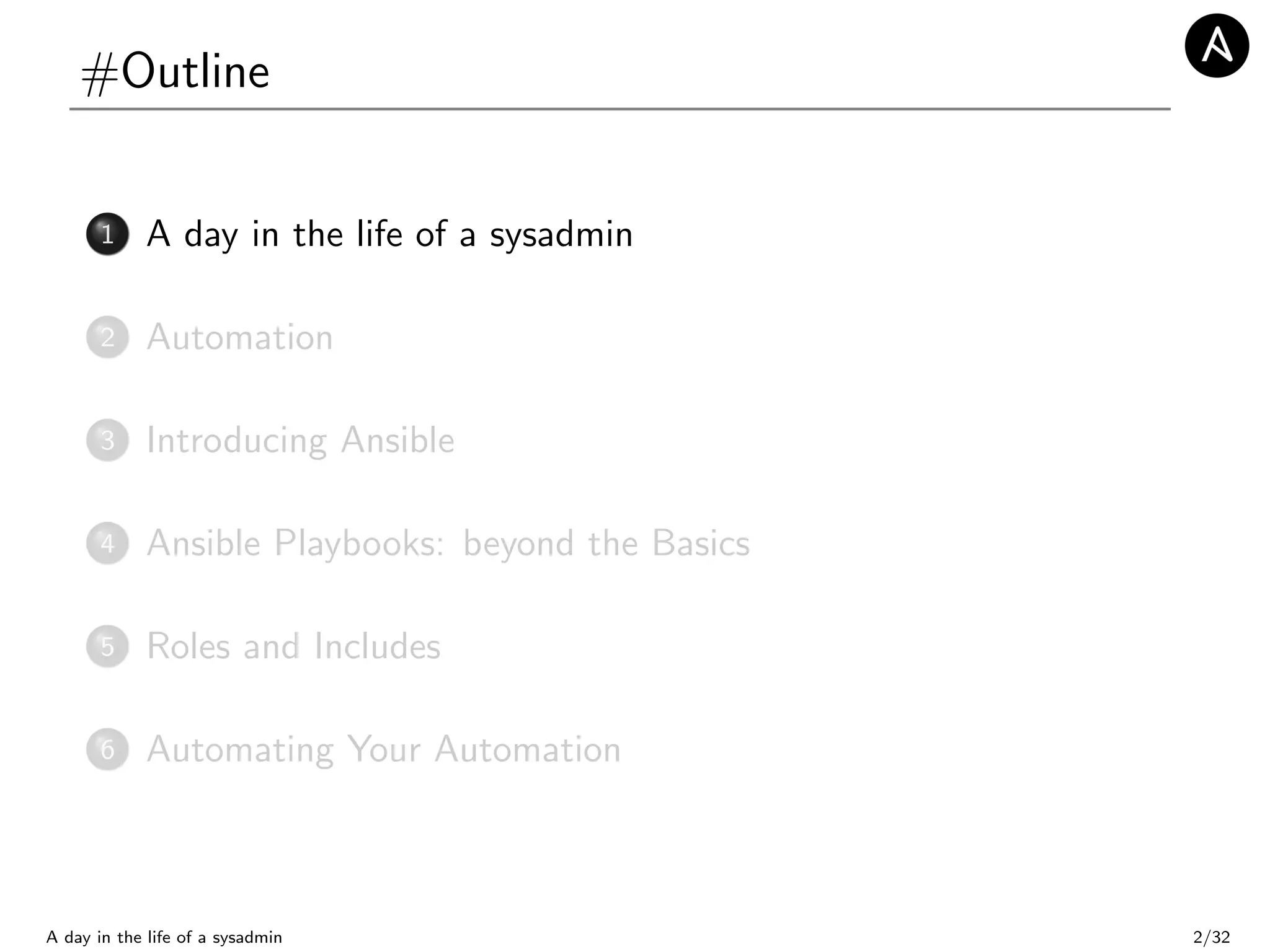 #Outline
1 A day in the life of a sysadmin
2 Automation
3 Introducing Ansible
4 Ansible Playbooks: beyond the Basics
5 Roles and Includes
6 Automating Your Automation
A day in the life of a sysadmin 2/32
 