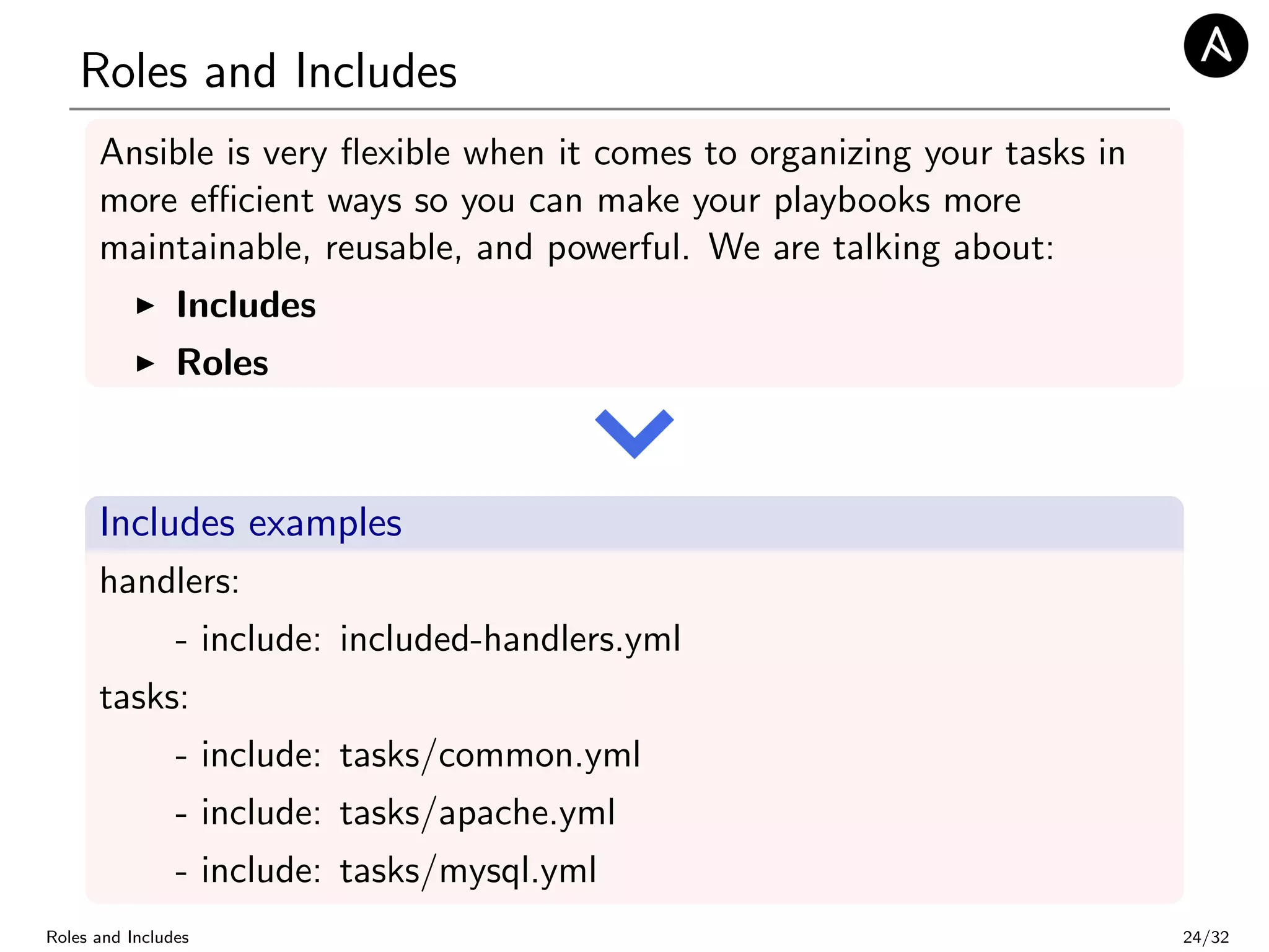 Roles and Includes
Ansible is very ﬂexible when it comes to organizing your tasks in
more eﬃcient ways so you can make your playbooks more
maintainable, reusable, and powerful. We are talking about:
Includes
Roles
Includes examples
handlers:
- include: included-handlers.yml
tasks:
- include: tasks/common.yml
- include: tasks/apache.yml
- include: tasks/mysql.yml
Roles and Includes 24/32
 