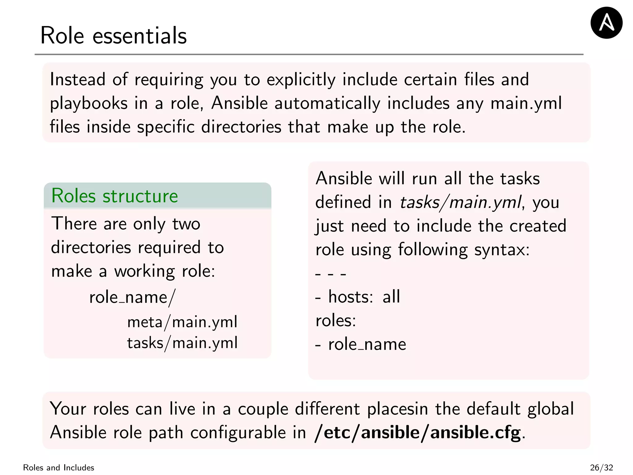 Role essentials
Instead of requiring you to explicitly include certain ﬁles and
playbooks in a role, Ansible automatically includes any main.yml
ﬁles inside speciﬁc directories that make up the role.
Roles structure
There are only two
directories required to
make a working role:
role name/
meta/main.yml
tasks/main.yml
Ansible will run all the tasks
deﬁned in tasks/main.yml, you
just need to include the created
role using following syntax:
- - -
- hosts: all
roles:
- role name
Your roles can live in a couple diﬀerent placesin the default global
Ansible role path conﬁgurable in /etc/ansible/ansible.cfg.
Roles and Includes 26/32
 