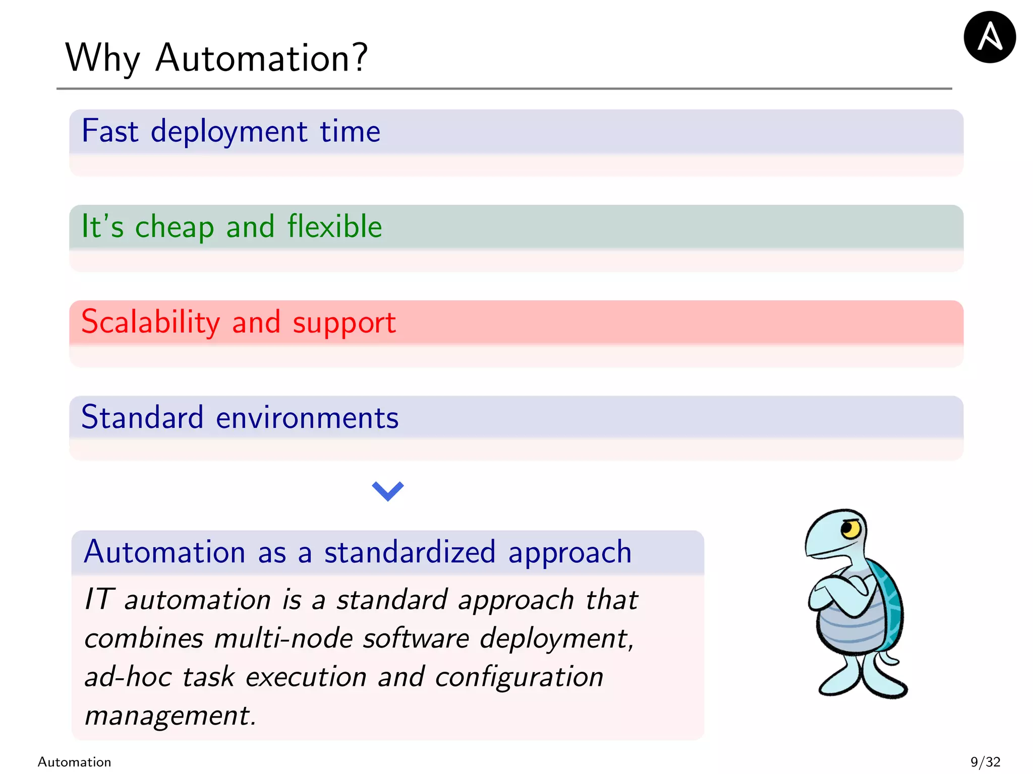 Why Automation?
Fast deployment time
It’s cheap and ﬂexible
Scalability and support
Standard environments
Automation as a standardized approach
IT automation is a standard approach that
combines multi-node software deployment,
ad-hoc task execution and conﬁguration
management.
Automation 9/32
 