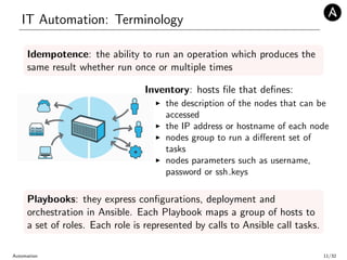 IT Automation: Terminology
Idempotence: the ability to run an operation which produces the
same result whether run once or multiple times
Inventory: hosts ﬁle that deﬁnes:
the description of the nodes that can be
accessed
the IP address or hostname of each node
nodes group to run a diﬀerent set of
tasks
nodes parameters such as username,
password or ssh keys
Playbooks: they express conﬁgurations, deployment and
orchestration in Ansible. Each Playbook maps a group of hosts to
a set of roles. Each role is represented by calls to Ansible call tasks.
Automation 11/32
 