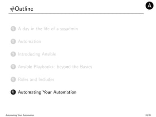 #Outline
1 A day in the life of a sysadmin
2 Automation
3 Introducing Ansible
4 Ansible Playbooks: beyond the Basics
5 Roles and Includes
6 Automating Your Automation
Automating Your Automation 28/32
 