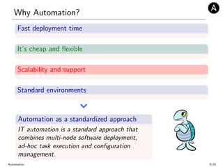 Why Automation?
Fast deployment time
It’s cheap and ﬂexible
Scalability and support
Standard environments
Automation as a standardized approach
IT automation is a standard approach that
combines multi-node software deployment,
ad-hoc task execution and conﬁguration
management.
Automation 9/32
 