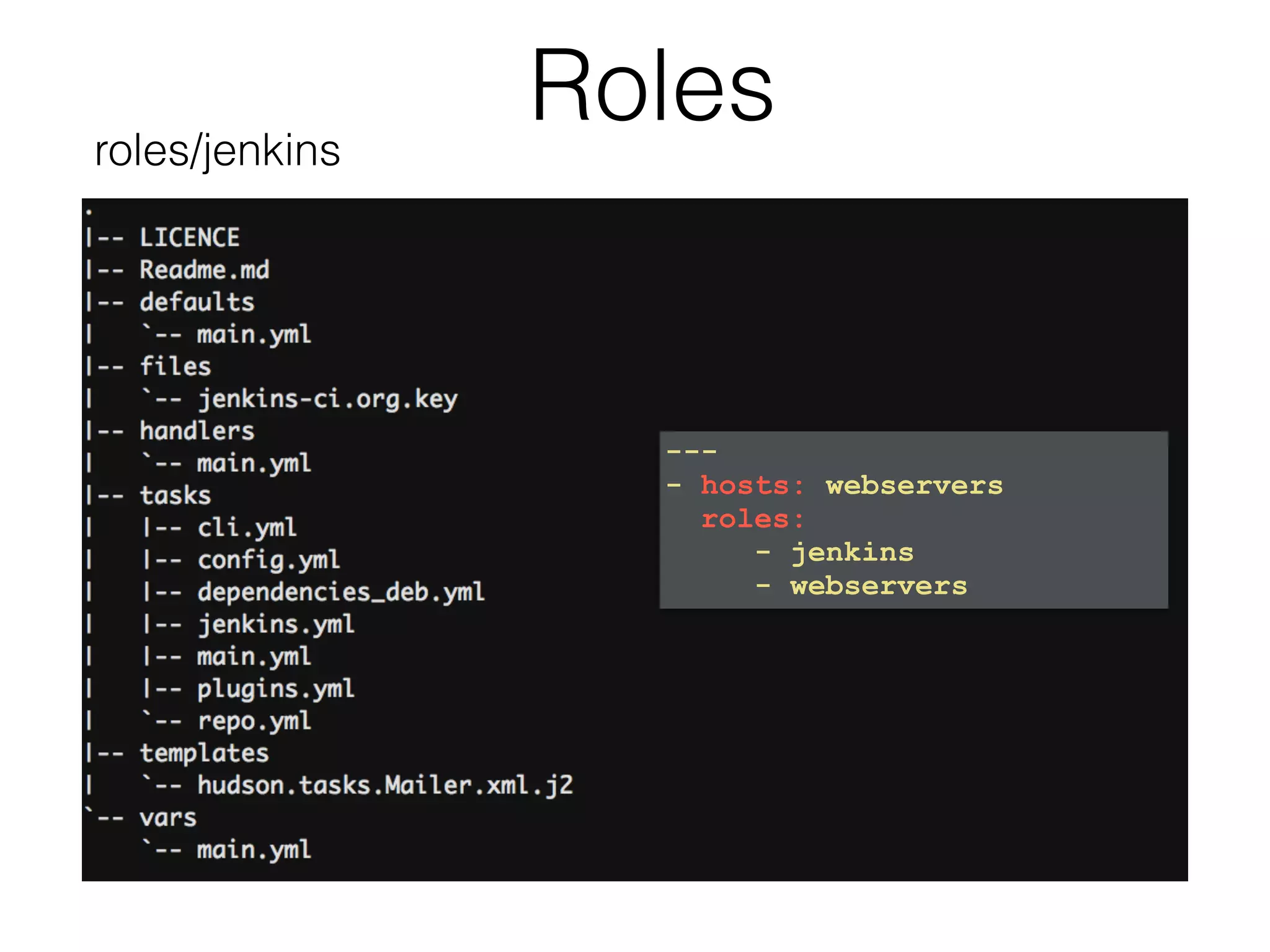 Roles --- - hosts: webservers roles: - jenkins - webservers roles/jenkins 