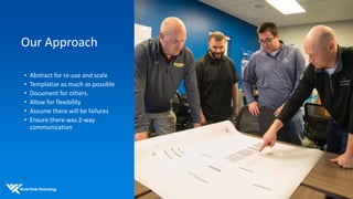 Our Approach
• Abstract for re-use and scale
• Templatize as much as possible
• Document for others.
• Allow for flexibility
• Assume there will be failures
• Ensure there was 2-way
communication
 