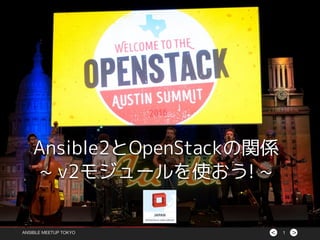 >< 1
Ansible2とOpenStackの関係
~ v2モジュールを使おう! ~
ANSIBLE MEETUP TOKYO
 