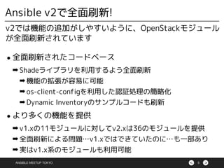 ><ANSIBLE MEETUP TOKYO 5
Ansible v2で全面刷新!
v2では機能の追加がしやすいように、OpenStackモジュール
が全面刷新されています
•全面刷新されたコードベース
➡ Shadeライブラリを利用するよう全面刷新
➡ 機能の拡張が容易に可能
➡ os-client-configを利用した認証処理の簡略化
➡ Dynamic Inventoryのサンプルコードも刷新
•より多くの機能を提供
➡ v1.xの11モジュールに対してv2.xは36のモジュールを提供
➡ 全面刷新による問題…v1.xではできていたのに…も一部あり
➡ 実はv1.x系のモジュールも利用可能
 