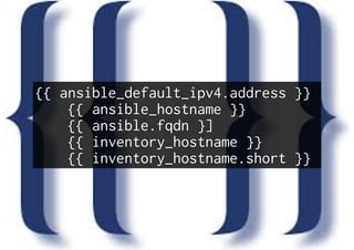 {{ ansible_default_ipv4.address }}
{{ ansible_hostname }}
{{ ansible.fqdn }]
{{ inventory_hostname }}
{{ inventory_hostname.short }}
 