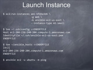 Ansible 201
Ansible Modules for:
EC2, Rackspace, Linode, OpenStack, Digital Ocean
Route53, S3, RDS
MySQL, Postgres, Riak, Mongo
Airbrake, Monit, Nagios, NewRelic, Pingdom
Netscaler, BigIP, Arista
FlowDock, HipChat, IRC, Jaber, Email
 