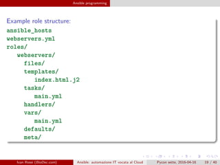 .
.
.
.
.
.
.
.
.
.
.
.
.
.
.
.
.
.
.
.
.
.
.
.
.
.
.
.
.
.
.
.
.
.
.
.
.
.
.
.
Ansible programming
Example role structure:
ansible_hosts
webservers.yml
roles/
webservers/
files/
templates/
index.html.j2
tasks/
main.yml
handlers/
vars/
main.yml
defaults/
meta/
Ivan Rossi (BioDec.com) Ansible: automazione IT vocata al Cloud Pycon sette, 2016-04-16 19 / 40
 