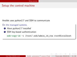 .
.
.
.
.
.
.
.
.
.
.
.
.
.
.
.
.
.
.
.
.
.
.
.
.
.
.
.
.
.
.
.
.
.
.
.
.
.
.
.
Setup overview
Setup the control machine
Ansible uses python2.7 and SSH to communicate
On the managed systems.
1 Have python2.7 installed
2 SSH key-based authentication:
ssh-copy-id -i /root/.ssh/admin_id_rsa root@localhost
Ivan Rossi (BioDec.com) Ansible: automazione IT vocata al Cloud Pycon sette, 2016-04-16 6 / 40
 