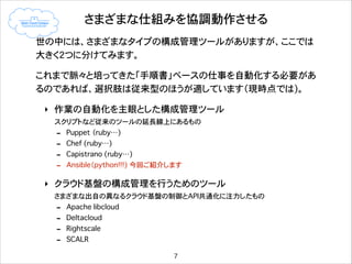 さまざまな仕組みを協調動作させる
世の中には、さまざまなタイプの構成管理ツールがありますが、ここでは
大きく2つに分けてみます。
これまで脈々と培ってきた「手順書」ベースの仕事を自動化する必要があ
るのであれば、選択肢は従来型のほうが適しています（現時点では)。
‣ 作業の自動化を主眼とした構成管理ツール
スクリプトなど従来のツールの延長線上にあるもの

-

Puppet�（ruby…)
Chef (ruby…)
Capistrano (ruby…)
Ansible（python!!!) 今回ご紹介します

‣ クラウド基盤の構成管理を行うためのツール
さまざまな出自の異なるクラウド基盤の制御とAPI共通化に注力したもの

-

Apache libcloud
Deltacloud
Rightscale
SCALR
7

 