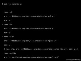 $ cat requirements.yml
---
- name: ec2
src: ‘git@bitbucket.org:dan_vaida/ansible-roles-ec2.git’
scm: git
- name: rds
src: ‘git@bitbucket.org:dan_vaida/ansible-roles-rds.git’
scm: git
- name: nginx
src: ‘git@bitbucket.org:dan_vaida/ansible-roles-nginx.git’
scm: git
- { name: ntp, src: ‘git@bitbucket.org:dan_vaida/ansible-roles-ntp.git’, scm: git }
- name: postfix
src: ‘https://github.com/danvaida/ansible-roles-postfix.git’
Ansible Berlin Meetup
 