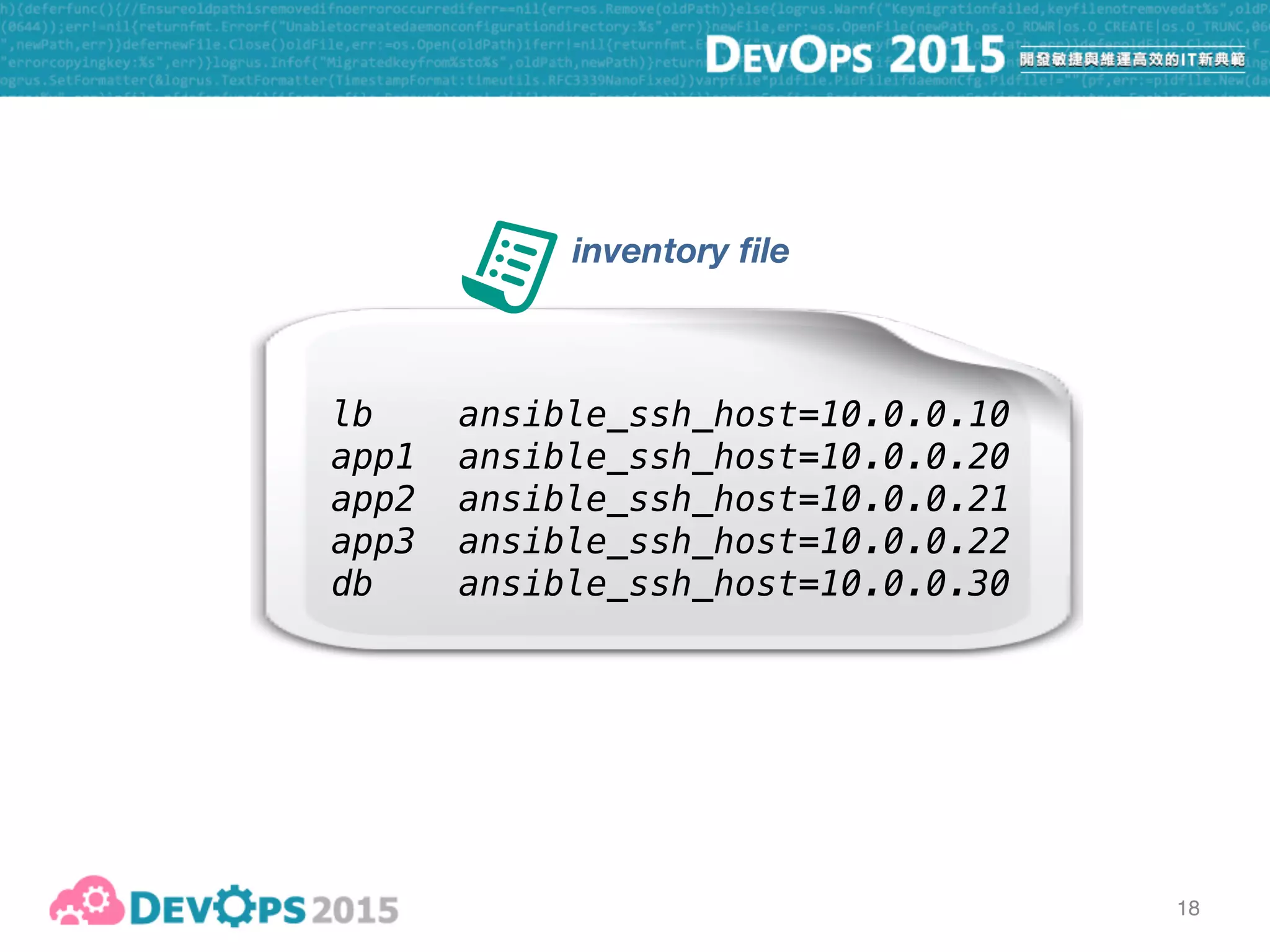 19
ansible 
--inventory-file=hosts-vagrant 
--user=vagrant --ask-pass  
all 
-a hostname
inventory file
 