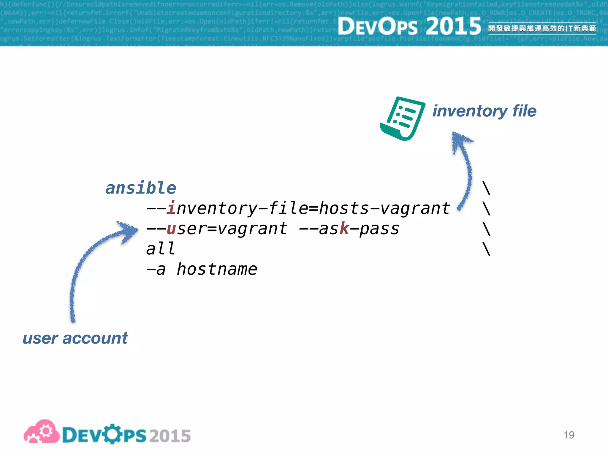 19
ansible 
--inventory-file=hosts-vagrant 
--user=vagrant --ask-pass  
all 
-a hostname
inventory file
apply to “all” hosts
in the inventory file
user account
 