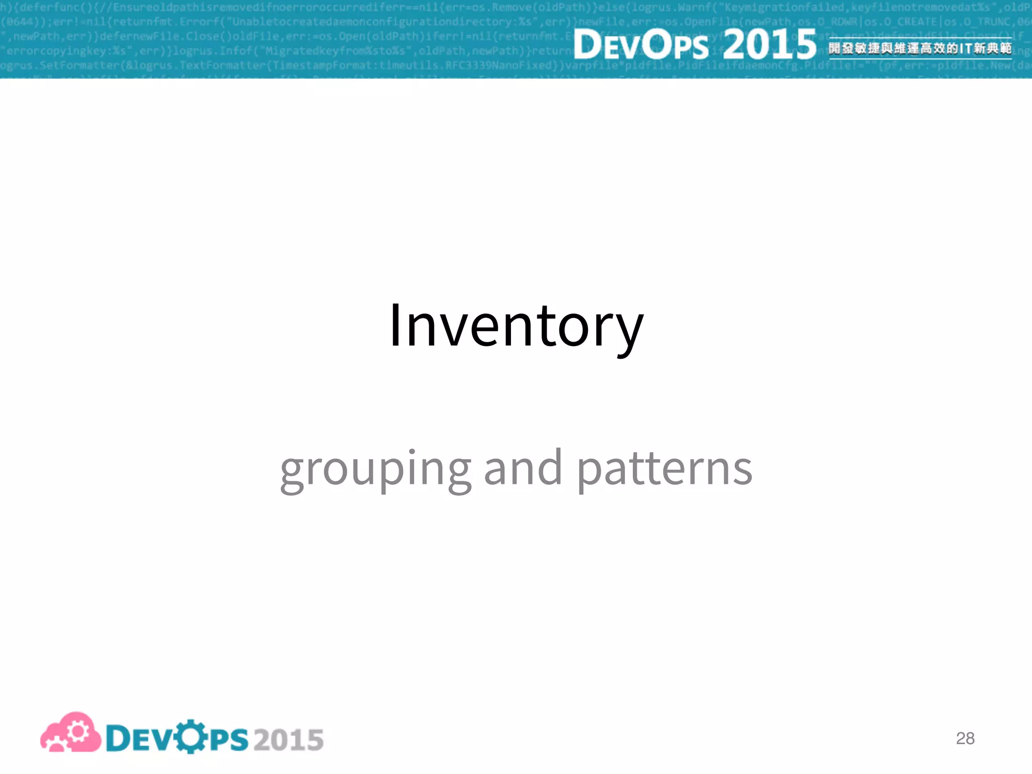 [lbservers]
lb ansible_ssh_host=10.0.0.10
[appservers]
app1 ansible_ssh_host=10.0.0.20
app2 ansible_ssh_host=10.0.0.21
app3 ansible_ssh_host=10.0.0.22
[dbservers]
db ansible_ssh_host=10.0.0.30
29
inventory file
 