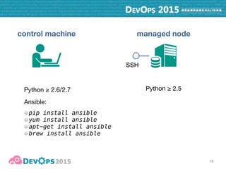17
control machine managed node
SSH
SSH
SSH
host1
host2
host3
 