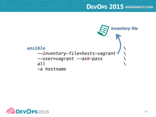 19
ansible 
--inventory-file=hosts-vagrant 
--user=vagrant --ask-pass  
all 
-a hostname
inventory file
user account
 