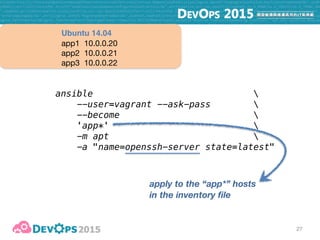 27
ansible 
--user=vagrant --ask-pass 
--become  
'app*' 
-m apt 
-a "name=openssh-server state=latest"
apply to the “app*” hosts
in the inventory file
app1 10.0.0.20

app2 10.0.0.21

app3 10.0.0.22
Ubuntu 14.04
invoke Ansible module
“apt”
 