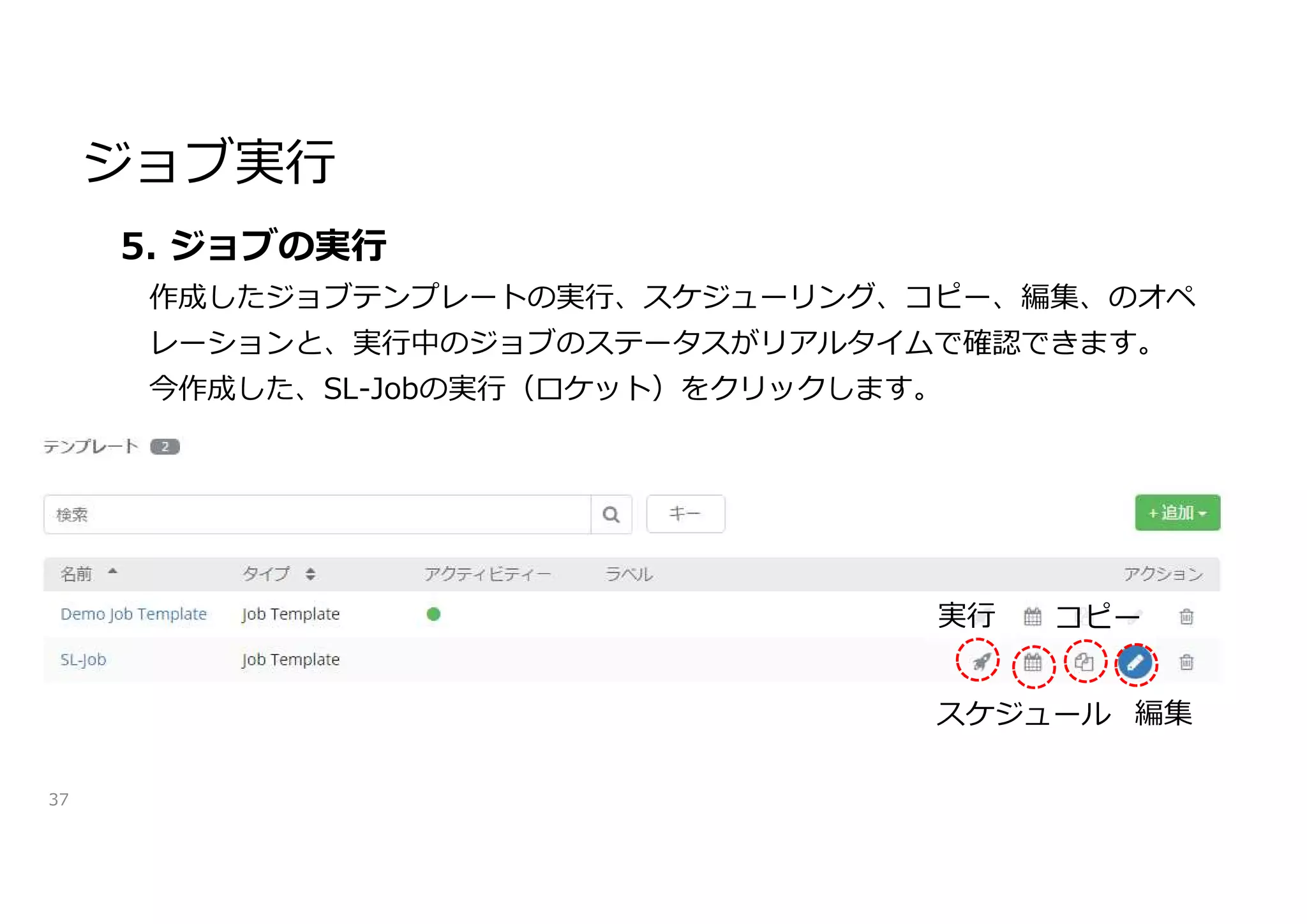 ジョブ実行
37
5. ジョブの実行
作成したジョブテンプレートの実行、スケジューリング、コピー、編集、のオペ
レーションと、実行中のジョブのステータスがリアルタイムで確認できます。
今作成した、SL-Jobの実行（ロケット）をクリックします。
実行
スケジュール
コピー
編集
 