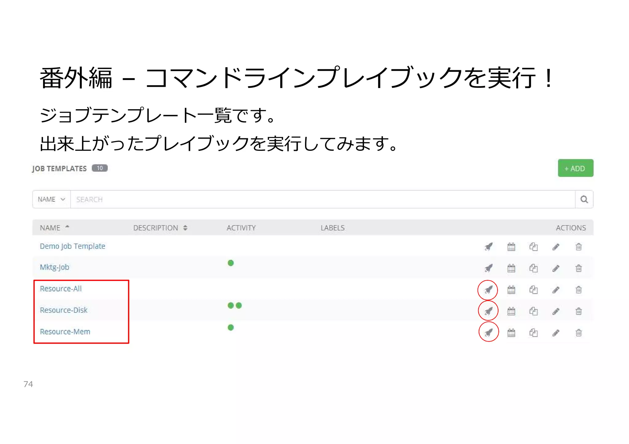 番外編 – コマンドラインプレイブックを実行!
74
ジョブテンプレート一覧です。
出来上がったプレイブックを実行してみます。
 