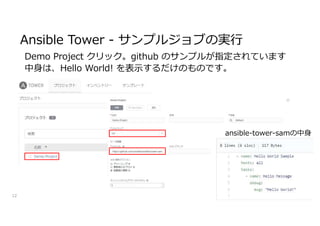 12
Ansible Tower - サンプルジョブの実行
Demo Project クリック。github のサンプルが指定されています
中身は、Hello World! を表示するだけのものです。
ansible-tower-samの中身
 