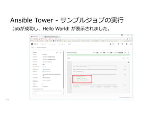 14
Ansible Tower - サンプルジョブの実行
Jobが成功し、Hello World! が表示されました。
 