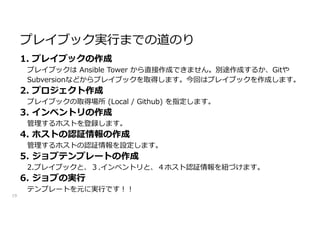 プレイブック実行までの道のり
19
1. プレイブックの作成
プレイブックは Ansible Tower から直接作成できません。別途作成するか、Gitや
Subversionなどからプレイブックを取得します。今回はプレイブックを作成します。
2. プロジェクト作成
プレイブックの取得場所 (Local / Github) を指定します。
3. インベントリの作成
管理するホストを登録します。
4. ホストの認証情報の作成
管理するホストの認証情報を設定します。
5. ジョブテンプレートの作成
2.プレイブックと、３.インベントリと、４ホスト認証情報を紐づけます。
6. ジョブの実行
テンプレートを元に実行です!!
 