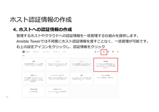 ホスト認証情報の作成
31
4. ホストへの認証情報の作成
管理するホストやクラウドへの認証情報を一括管理する仕組みを提供します。
Ansible Towerでは不用意にホスト認証情報を渡すことなく、一括管理が可能です。
右上の設定アイコンをクリックし、認証情報をクリック
 