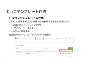 ジョブテンプレート作成
34
5. ジョブテンプレートの作成
以下3つの情報を紐づけて実行 Job を作成する機能を提供します。
・プロジェクト（プレイブック）
・インベントリ（ホスト）
・ホストの認証情報
追加をクリックしジョブテンプレートを選択。
 